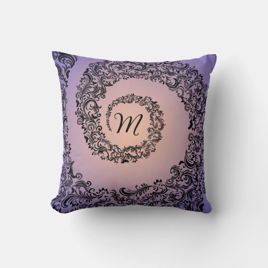 Coussin Monogramme de pêche et de damas violet (Recto)