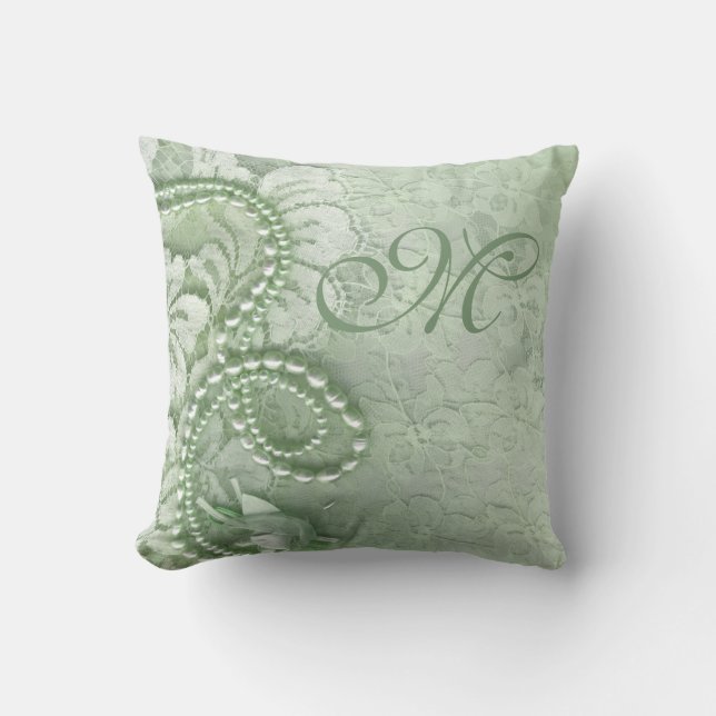 Coussin Monogramme de perles et de dentelles| vert menthe (Recto)