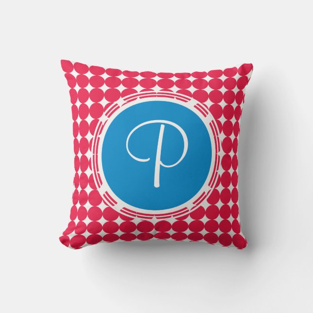 Coussin Monogramme de point Polka bleu et rouge (Recto)