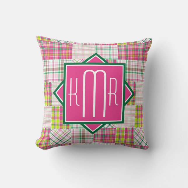 Coussin Monogramme de Preppy | Pink & Green Plaid (Recto)