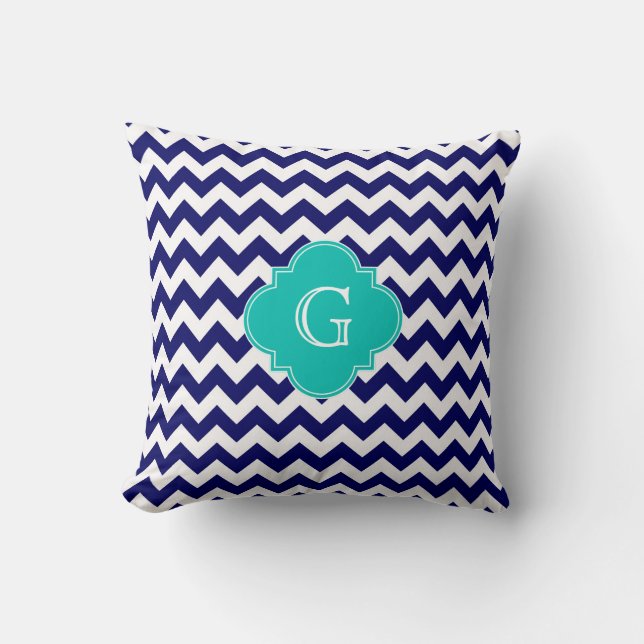 Coussin Monogramme de Quatrefoil Turquoise de Chevron ZigZ (Recto)