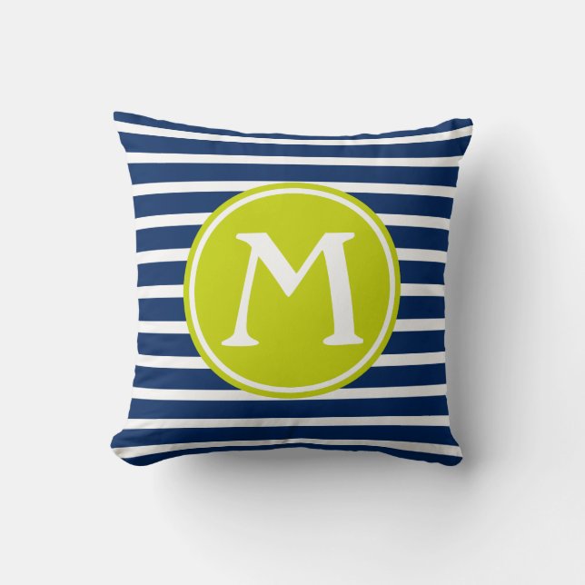 Coussin Monogramme de rayure de bleu marine et de vert de (Recto)