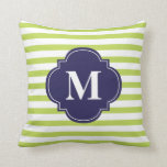 Coussin Monogramme de rayures bleues Kiwi Green et Navy<br><div class="desc">Chic,  oreiller décoratif personnalisé. Personnalisez avec votre initiale,  monogramme,  nom ou tout texte de votre choix.</div>