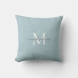 Coussin Monogramme de script botanique floral bleu élégant