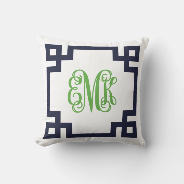 Coussin Monogramme de script de clé grecque marine et vert (Recto)