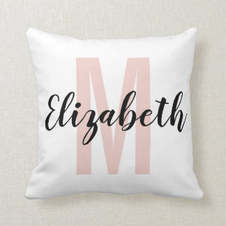 Coussin Monogramme de script de la main rose noire simple