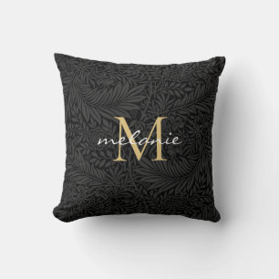 Coussin Monogramme de script floral noir élégant or