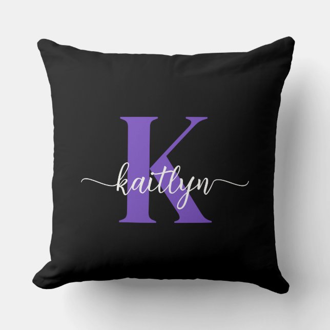 Coussin Monogramme de script violet noir (Recto)