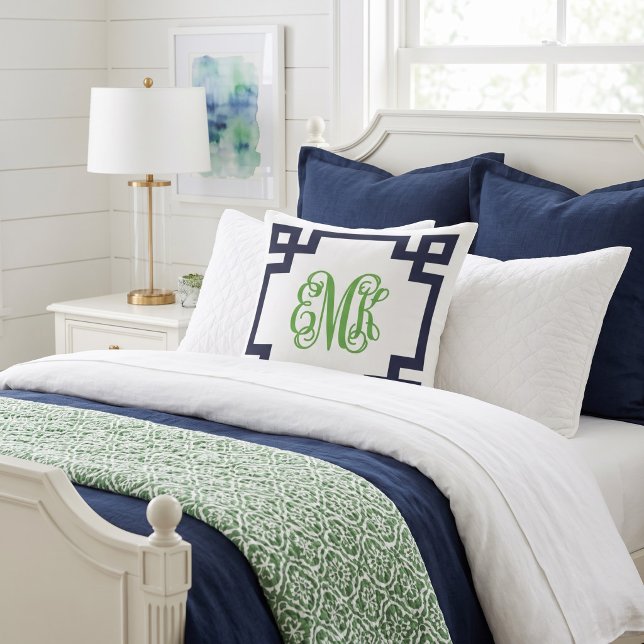 Coussin Monogramme de style grec Navy et Vert (Créateur téléchargé)