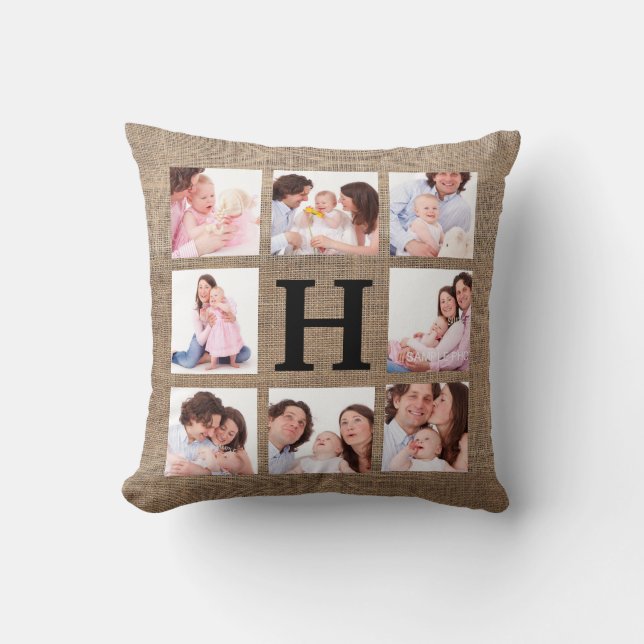 Coussin Monogramme de toile de jute de Faux avec 8 photos (Recto)