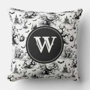 Coussin Monogramme de toile d'Halloween noir et blanc