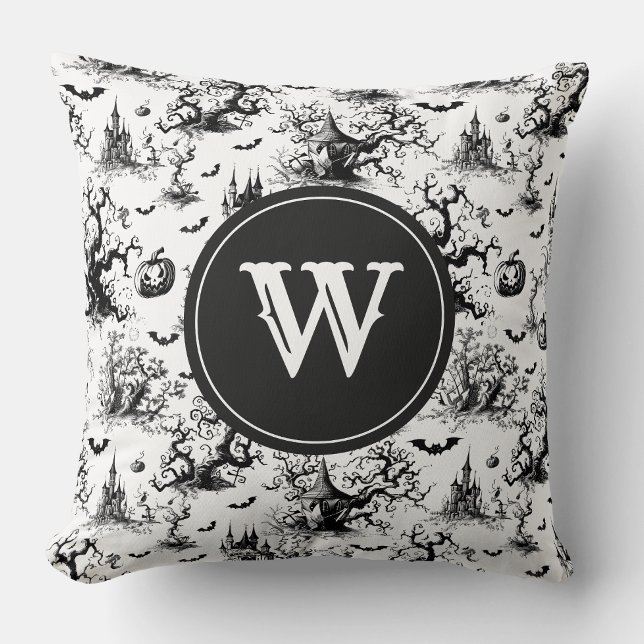 Coussin Monogramme de toile d'Halloween noir et blanc (Créateur téléchargé)