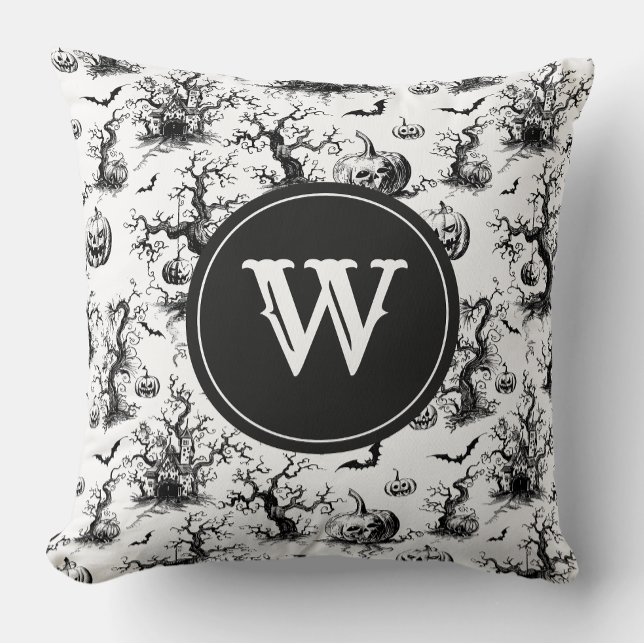 Coussin Monogramme de toile d'Halloween noir et blanc (Créateur téléchargé)