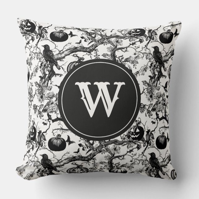 Coussin Monogramme de toile d'Halloween noir et blanc (Créateur téléchargé)