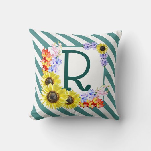 Coussin Monogramme de tournesol Rayures Turquoises (Recto)