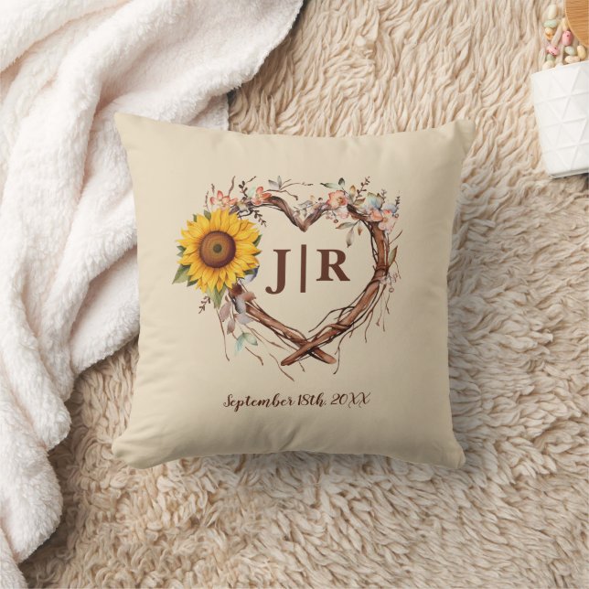 Coussin Monogramme de tournesol rustique Mariage Jeu d'ore (Couverture)