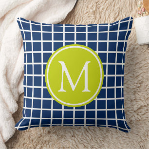 Coussin Monogramme de trellis de bleu marine et de vert de