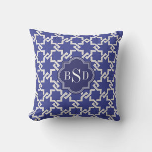 Coussin Monogramme de verrouillage de motif d'indigo chic