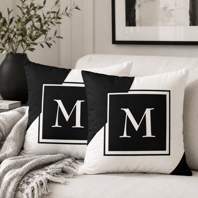 Coussin Monogramme Décoratif Noir et Blanc Époustouflant (Créateur téléchargé)