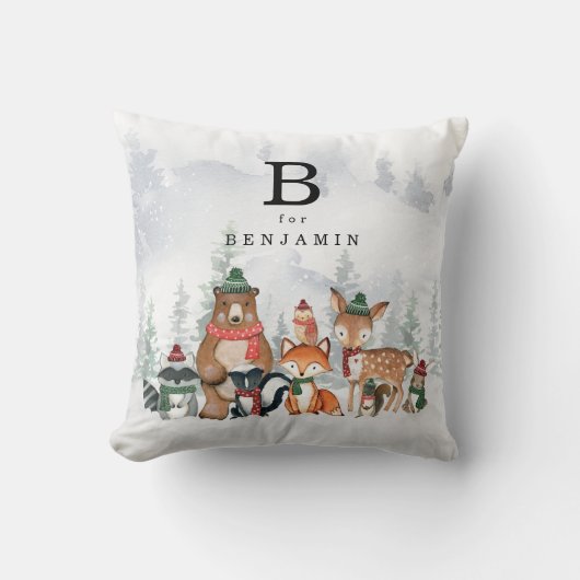 Coussin Monogramme des bébés animaux des bois d'hiver de n (Recto)