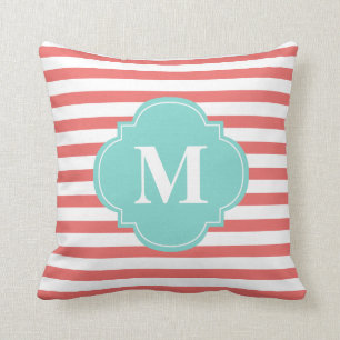 Coussin Monogramme des rayures de corail et de menthe
