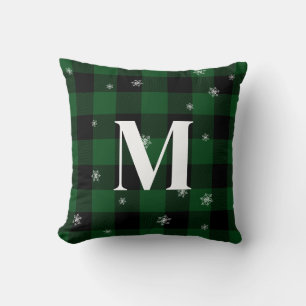 Coussin Monogramme d'hiver initial de Plaid vert et de flo