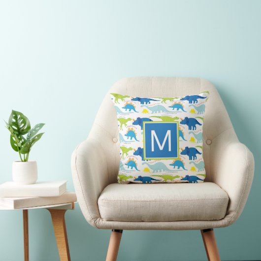 Coussin Monogramme | Dinosaures bleus et verts (Chaise)