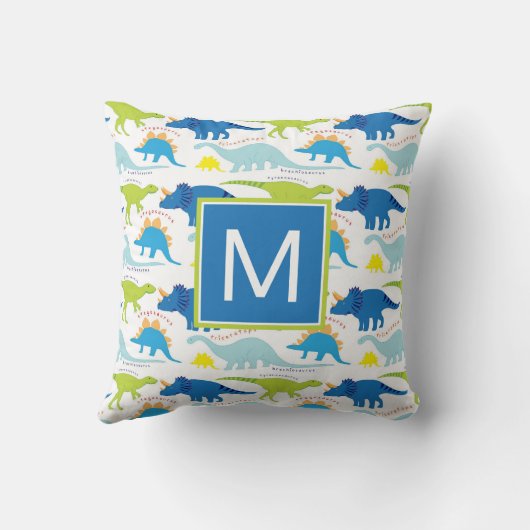 Coussin Monogramme | Dinosaures bleus et verts (Verso)