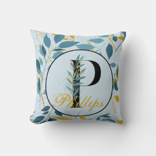 Coussin Monogramme d'or de la Marine Feuille moderne "Lett