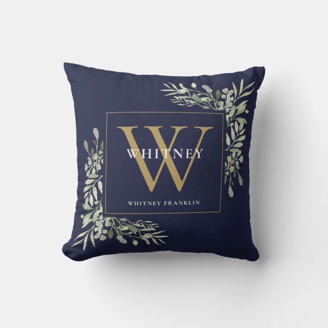 Coussin Monogramme d'or moderne Vert Marine Bleu (Recto)