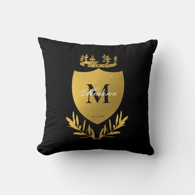 Coussin Monogramme du bouclier royal noir et or (Recto)