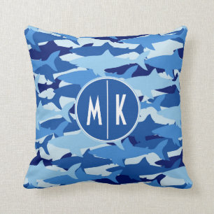 Coussin Monogramme du motif   de requin bleu