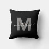 Coussin Monogramme élégant de nom de famille en noir et bl (Verso)
