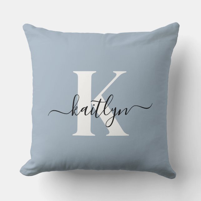 Coussin Monogramme élégant en bleu poussiéreux (Recto)