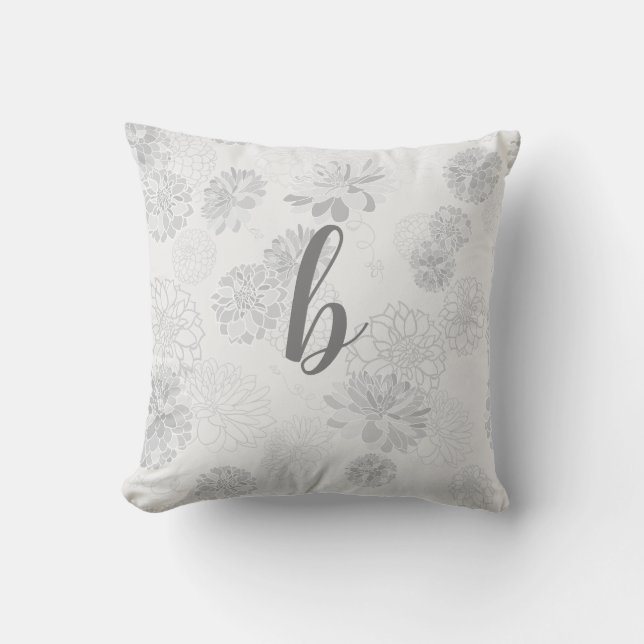 Coussin Monogramme Élégant Gris Floral (Recto)