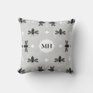Coussin Monogramme élégant gris moderne à motif d'abeille 