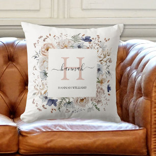 Coussin Monogramme Élégant Jolies Fleurs Beige Bleu Floral