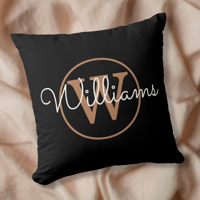 Coussin Monogramme élégant noir et or Nom (Créateur téléchargé)
