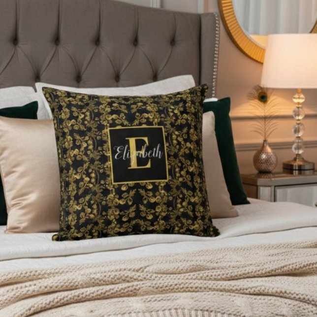 Coussin Monogramme élégant Or et noir damassé tourbillonné (Créateur téléchargé)