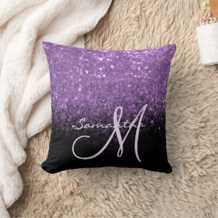 Coussin Monogramme Élégant Paillettes Violettes & Noir