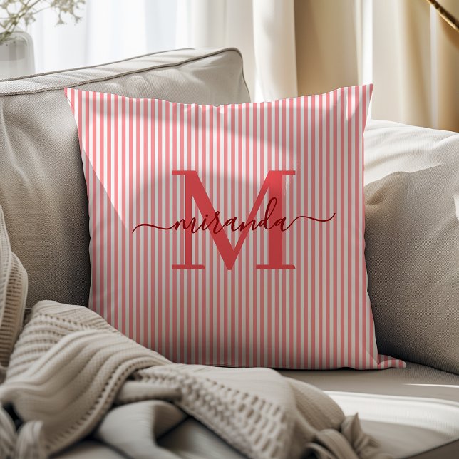 Coussin Monogramme élégant rayures rouges et blanches Nom (Créateur téléchargé)