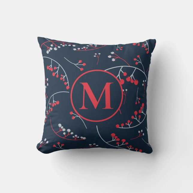 Coussin monogramme élégant rouge vif bleu motif (Recto)
