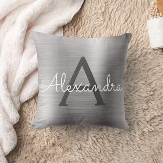 Coussin Monogramme en argent brossé de luxe Nom initial (Couverture)