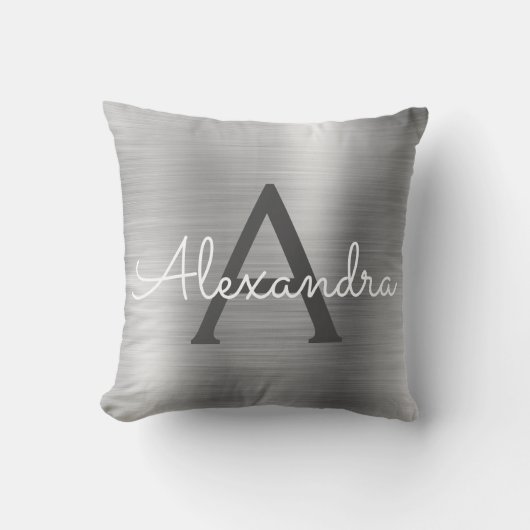 Coussin Monogramme en argent brossé de luxe Nom initial (Recto)