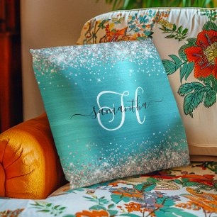 Coussin Monogramme en argent et bleu turquoise