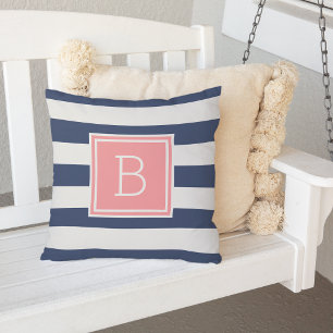 Coussin Monogramme en bande de corail et de marine à l'ext