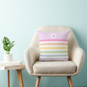 Coussin Monogramme en Blanc Cirque Pastel Arc-en-ciel rayu