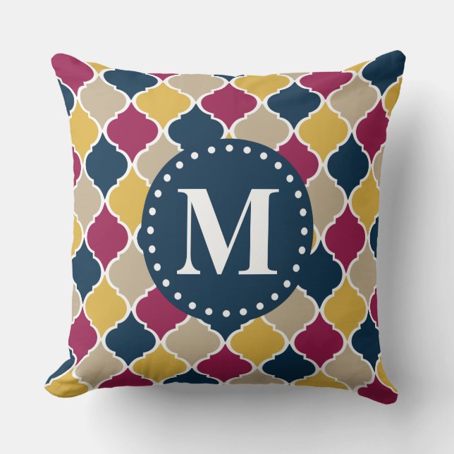 Coussin Monogramme en lattice marocain Fuchsia Navy (Recto)