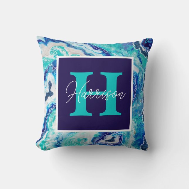 Coussin Monogramme en marbre bleu et turquoise Nom Plage (Recto)