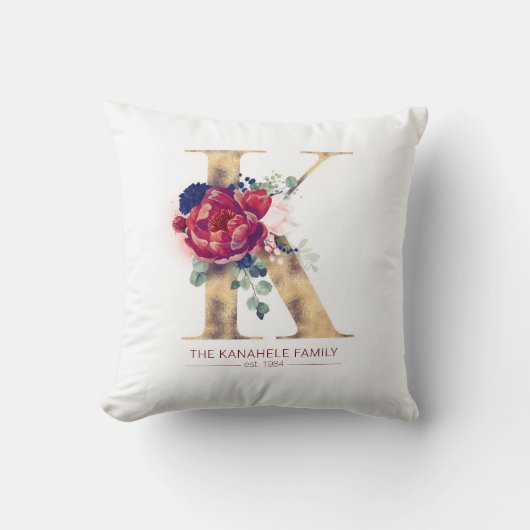 Coussin Monogramme en or K Floral Bourgogne Rouge et bleu  (Recto)